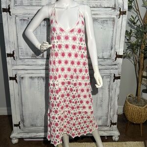 NWT India Boutique Pink/White Crochet Dress/Coverup Boho Beach Womens M/L
